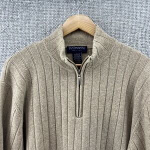 HATHAWAY PLATINUM Italian Mens Med 1/4 Zip 100% LambsWool Tan Sweater Ribbed L/S